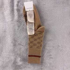 Gucci GG Monogram Socks Mens Size Small Camel Brown Cotton Web Stripe Italy